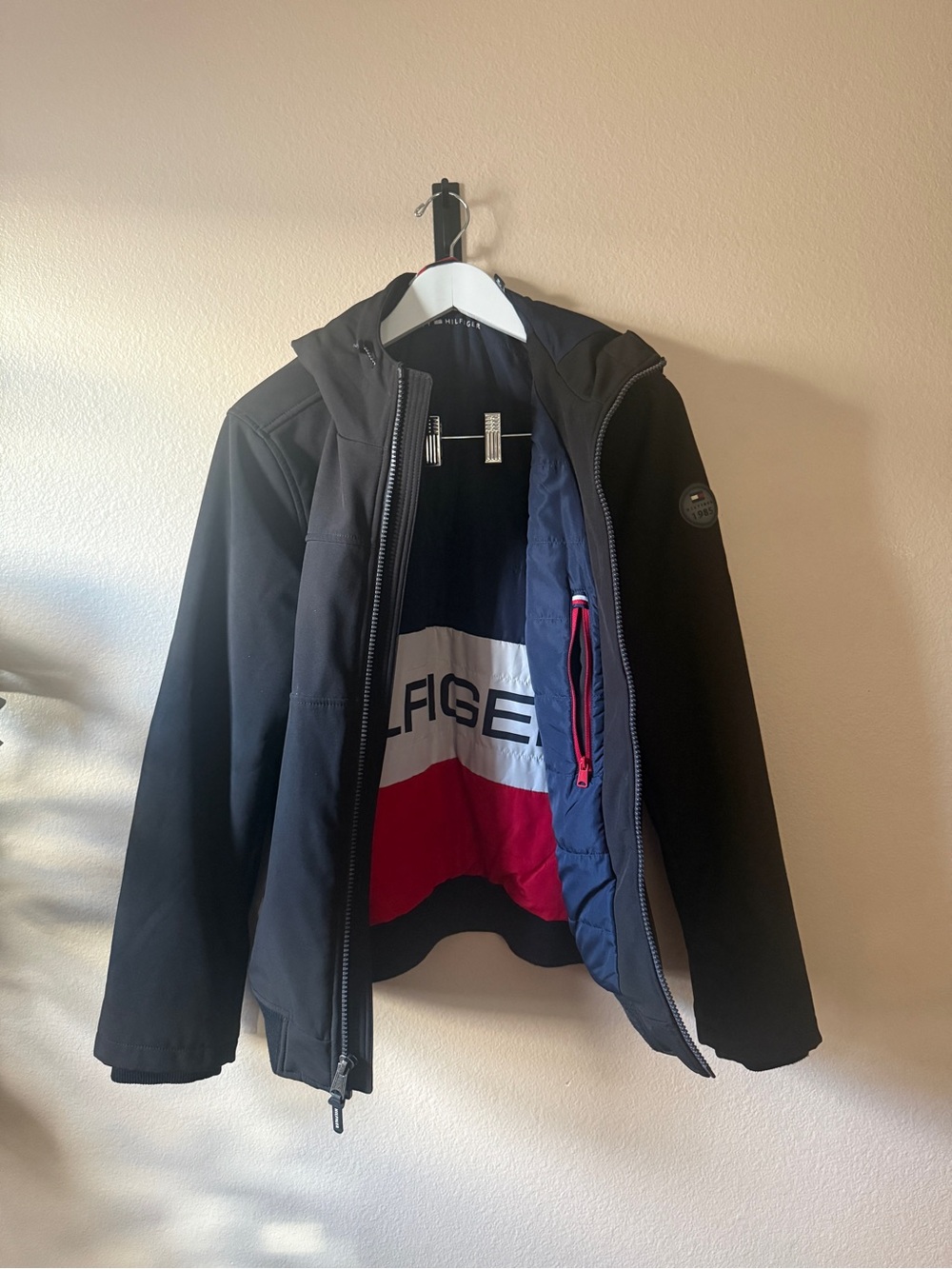 Tommy Hilfiger Black Hooded Performance Jacket with Navy & Red Logo Liner